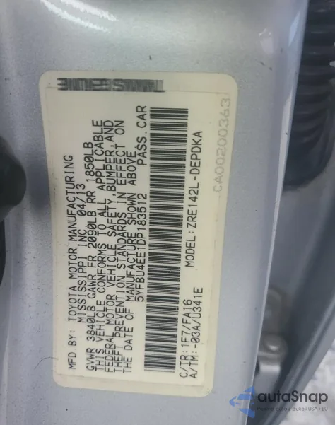 2013 Toyota Corolla Base z USA, uszkodzony, nr VIN 5YFBU4EE1DP183512